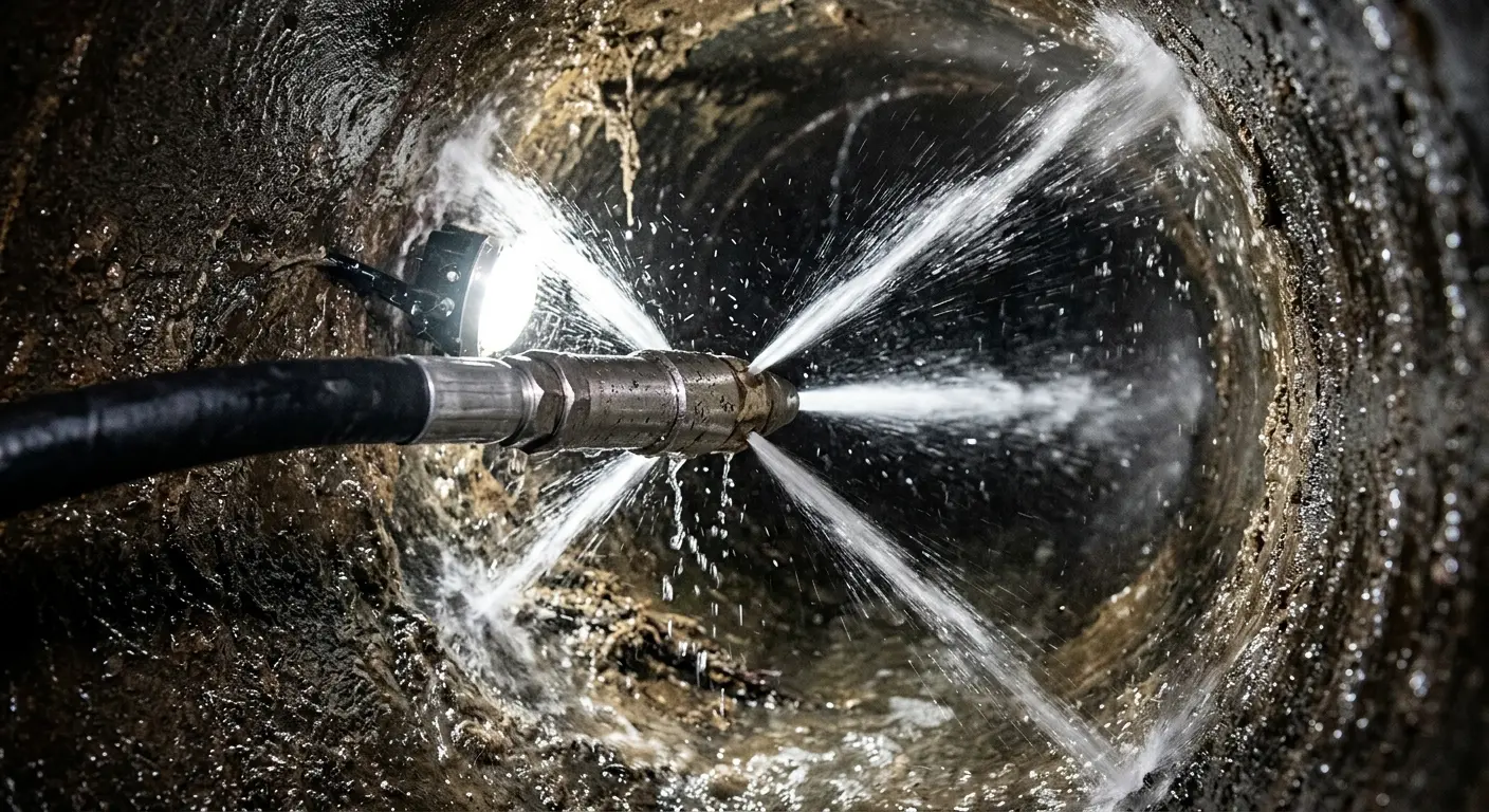 High-pressure hydro jetting nozzle cleaning sewer pipe for Sewer Cleanout in Belmont