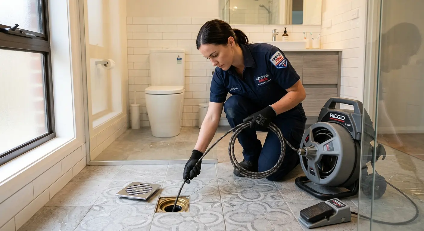 Technician clearing a bathroom floor drain for Sewer Line Replacement in Belmont